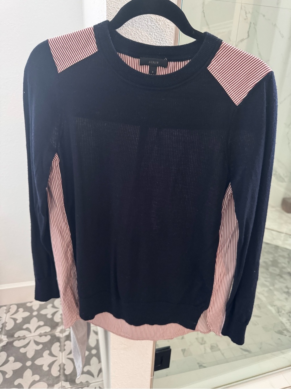 J. Crew Navy Crewneck Sweater with Red-White Striped Lining